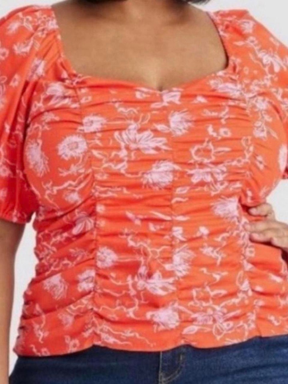 Ava & Viv Red Floral Ruched Puff Sleeve Blouse Plus Size 2X